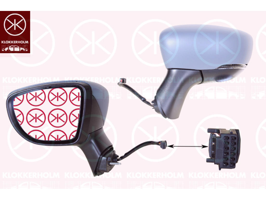 Exterior Mirror, for vehicles with lane keeping assist, Right, Electronically foldable, with indicator (LED), with thermo sensor, Number of pins: 12, w/primer, Heatable, Convex