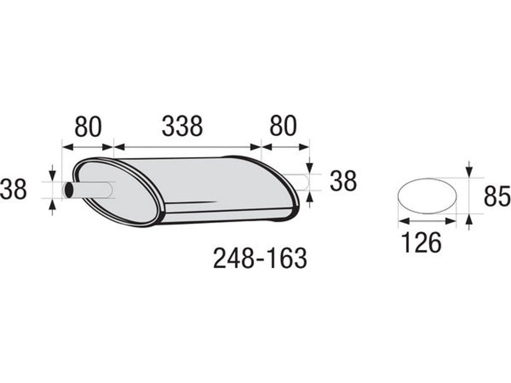 Centre Muffler, universal, Inner Diameter 1 [mm]: 38, Inner Diameter 2 [mm]: 38, Length [mm]: 338, Width [mm]: 126, Height [mm]: 85, not ECE approved