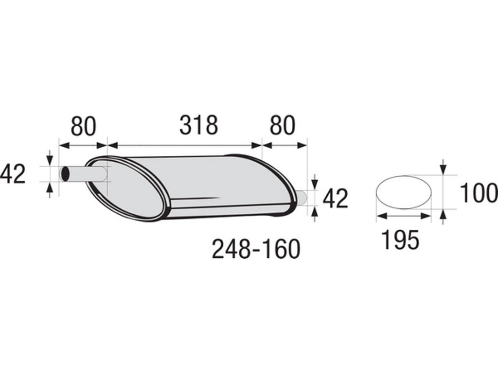 Centre Muffler, universal, Inner Diameter 1 [mm]: 42, Inner Diameter 2 [mm]: 42, Length [mm]: 318, Width [mm]: 195, Height [mm]: 100, not ECE approved