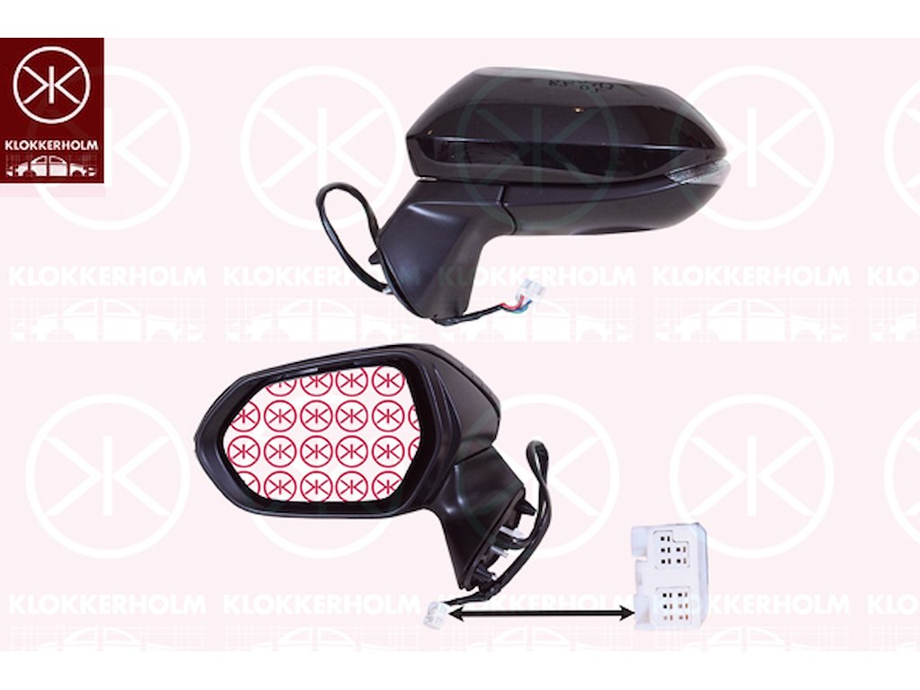 Utv.spegel, Vänster, för el. spegelinställning, elektr. fällbar, LED, med blinkljus, uppvärmbar, konvex, m/grundlack, Antal stickkontakter: 8