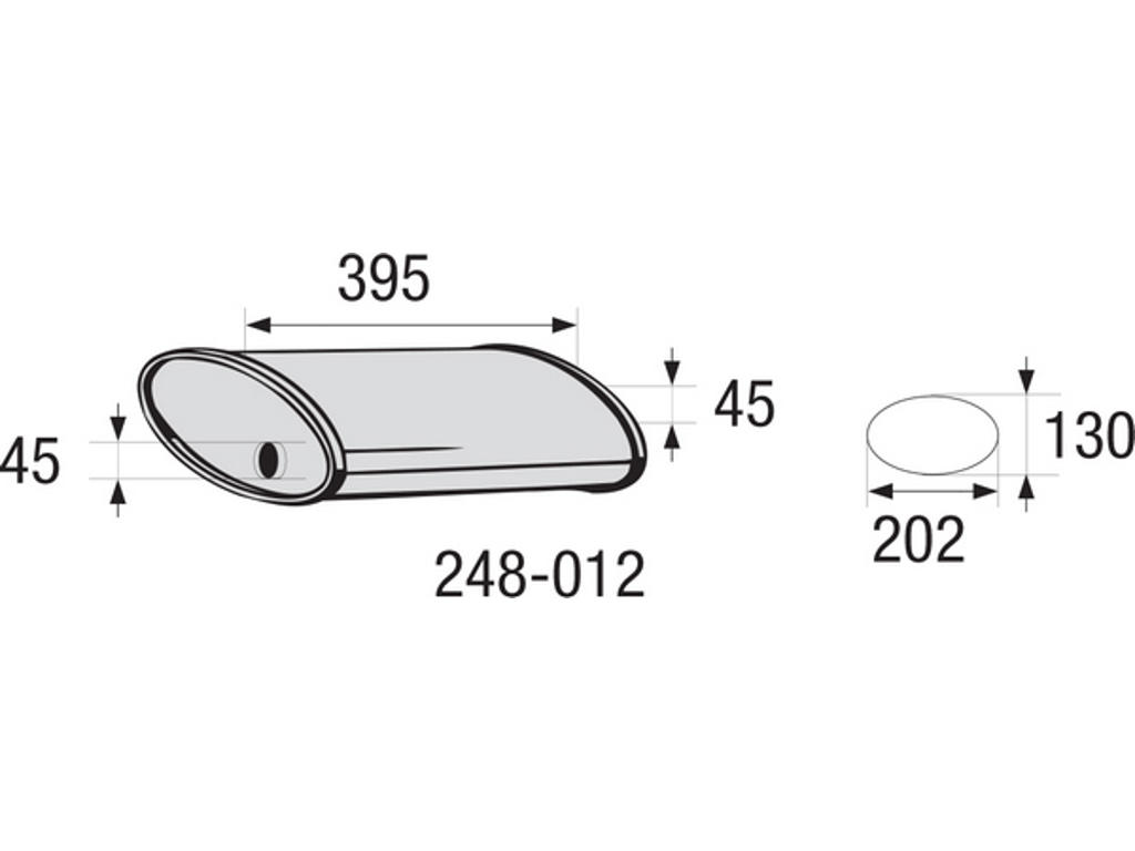 Silencieux central, universel, Diamètre intérieur 1 [mm]: 45, Diamètre intérieur 2 [mm]: 45, Longueur [mm]: 395, Largeur [mm]: 202, Hauteur [mm]: 130, non testé par la CEE