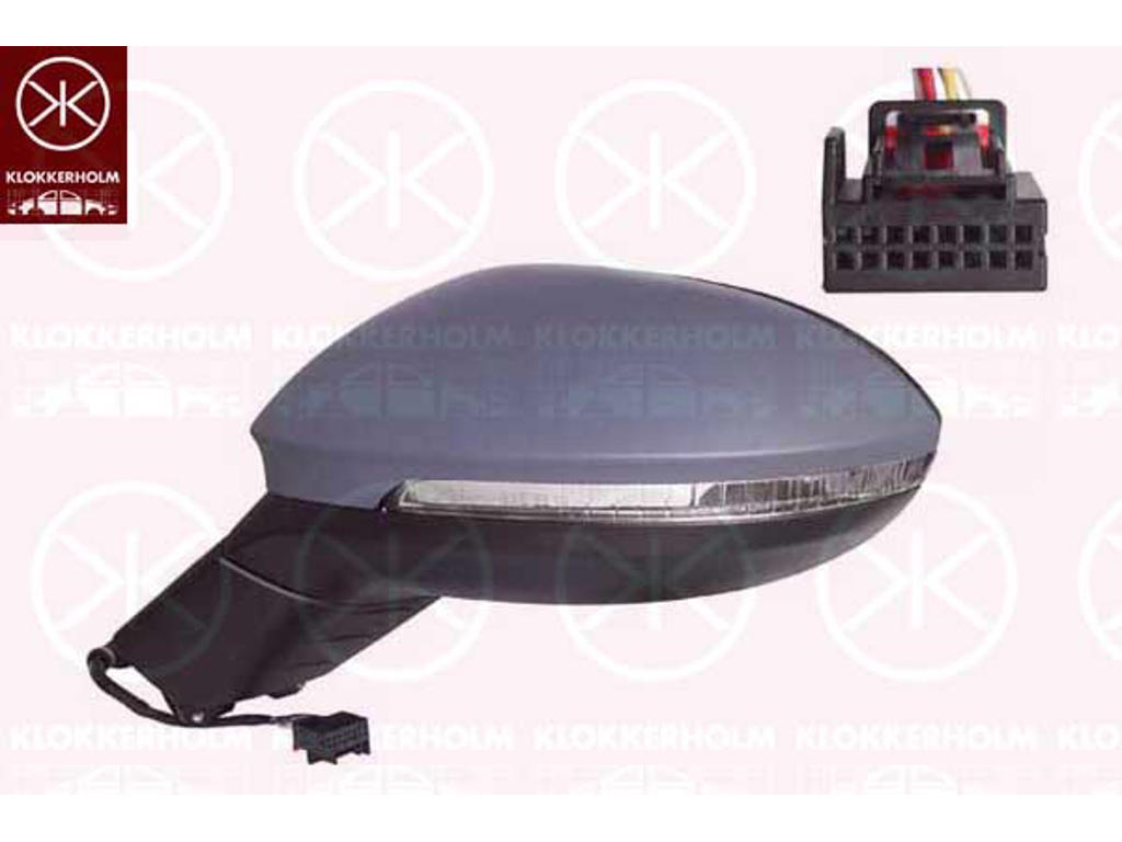 Exterior Mirror, Left, for electric mirror adjustment, Number of pins: 6, with indicator (LED), w/primer, Aspherical, Complete Mirror