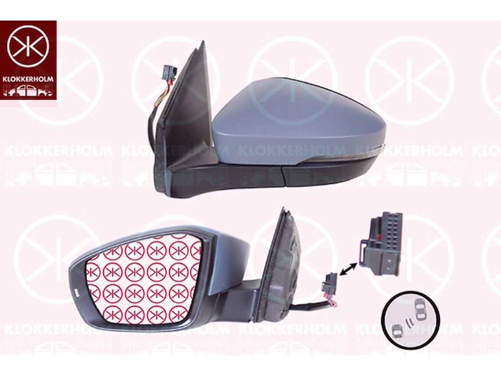 Exterior Mirror, Right, Heatable blind spot mirror, with memory, Electronically foldable, Complete Mirror, Number of pins: 14, w/primer, with indicator (LED), with reading light, Heatable, Aspherical