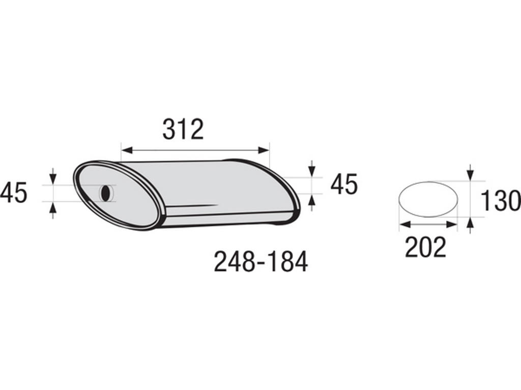 Silencieux central, universel, Diamètre intérieur 1 [mm]: 45, Diamètre intérieur 2 [mm]: 45, Longueur [mm]: 312, Largeur [mm]: 202, Hauteur [mm]: 130, non testé par la CEE