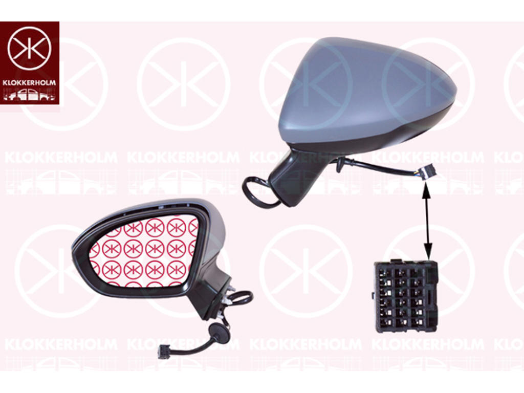 Exterior Mirror, 4-dr, Left, Electronically foldable, Number of pins: 9, for vehicles with drive assistance system, Heatable, w/primer, Aspherical
