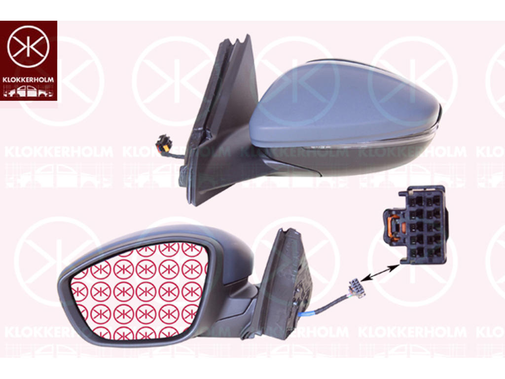 Utv.spegel, Höger, elektr. fällbar, med temperaturgivare, Antal stickkontakter: 10, Antal stickkontakter: 2, med blinkljus (LED), med läslampa, m/grundlack, uppvärmbar, konvex