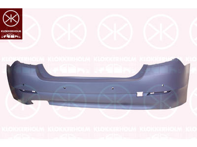 Bumper, w/primer, with hole(s) for exhaust pipe, Rear, with hole(s) for park distance control, with mounting parts, Trim Level: facelift