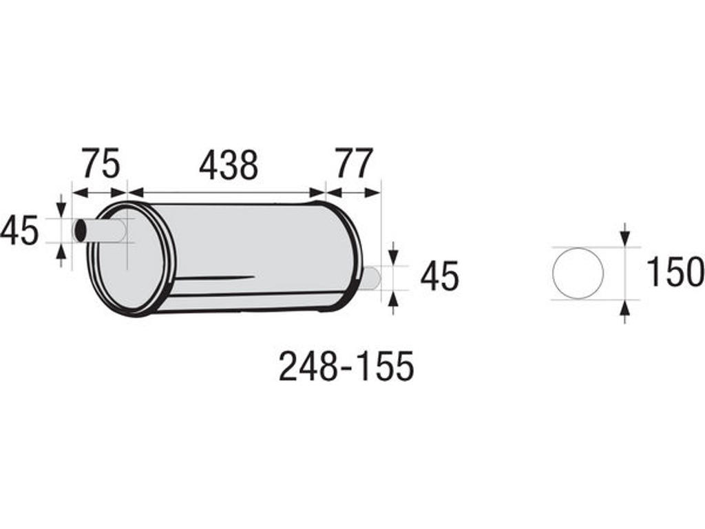 Centre Muffler, universal, Diameter [mm]: 150, Inner Diameter 1 [mm]: 45, Inner Diameter 2 [mm]: 45, Length [mm]: 438, Width [mm]: 150, Height [mm]: 150, not ECE approved