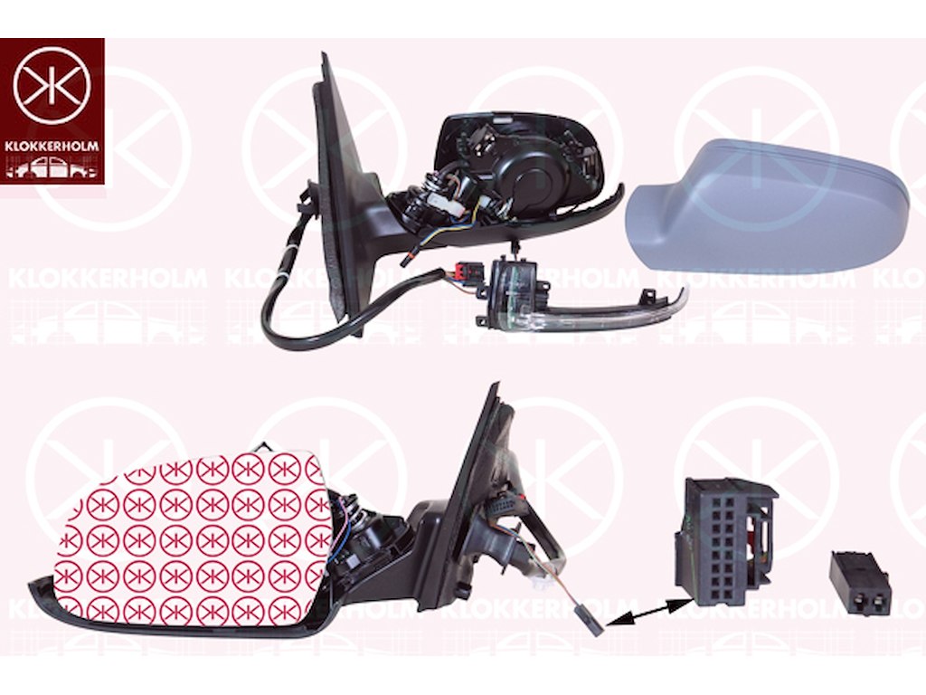 Exterior Mirror, for vehicles with drive assistance system, Right, Number of pins: 16, Electronically foldable, with memory, with indicator, w/primer, Heatable, Aspherical, Complete Mirror