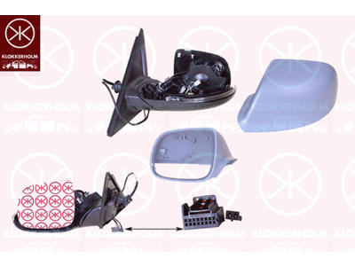 Exterior Mirror, Left, for electric mirror adjustment, Number of pins: 8, with indicator, Heatable, w/primer, Aspherical, Complete Mirror
