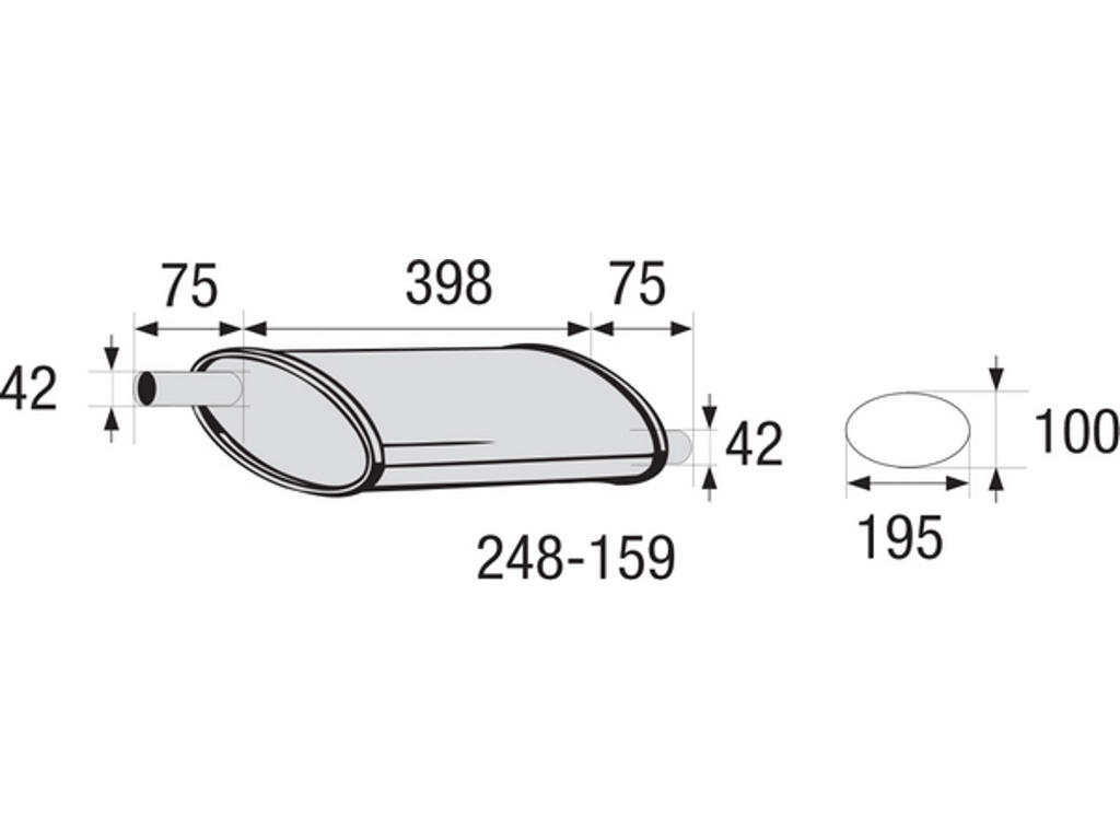 Centre Muffler, universal, Inner Diameter 1 [mm]: 42, Inner Diameter 2 [mm]: 42, Length [mm]: 398, Width [mm]: 195, Height [mm]: 100, not ECE approved