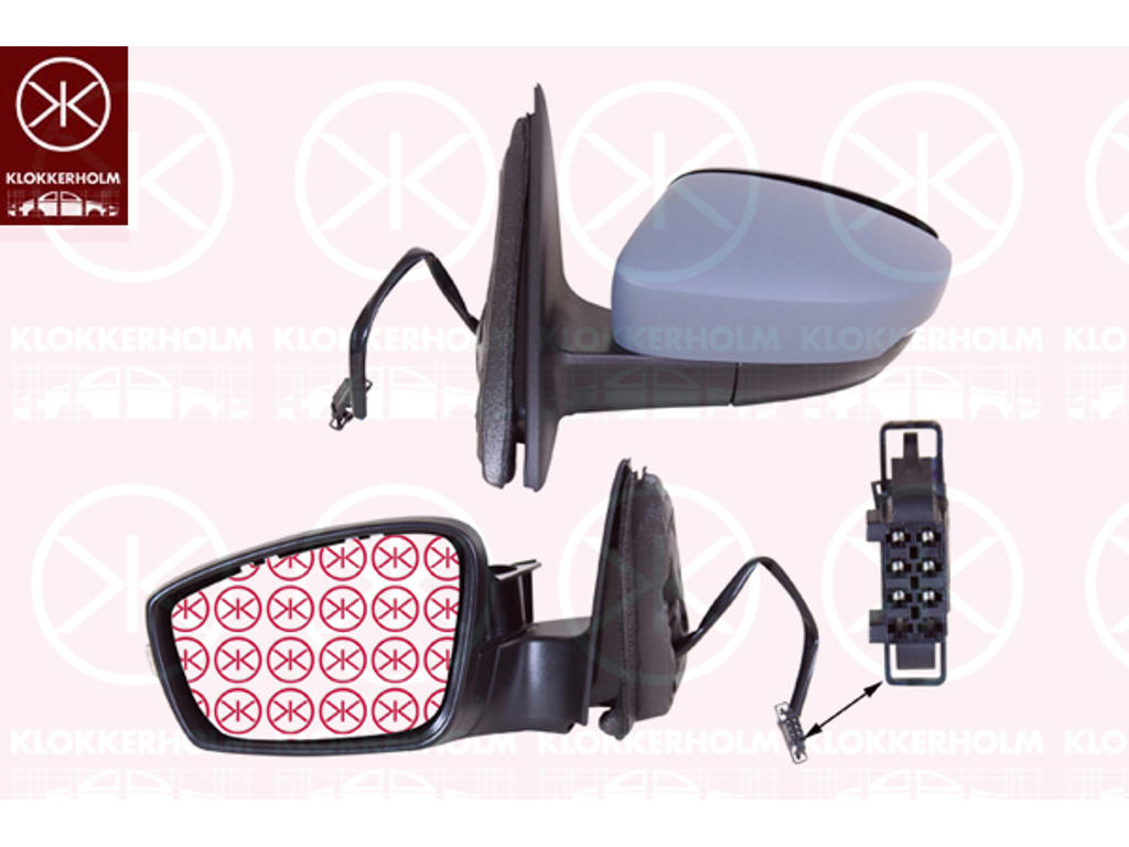 Exterior Mirror, Right, for electric mirror adjustment, with indicator, Number of pins: 6, Heatable, Convex, w/primer, Complete Mirror