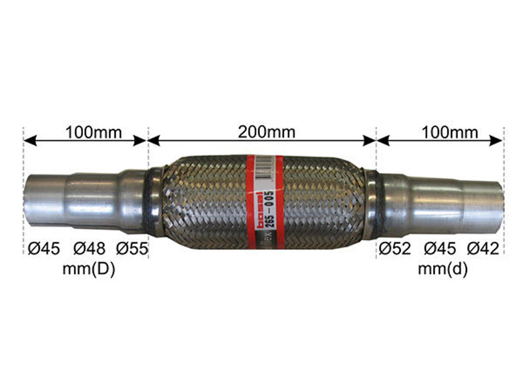 Flexrör, avgassystem, Diameter från [mm]: 42, Diameter till [mm]: 55, Längd [mm]: 200, Längd över allt [mm]: 400, med anslutningsrör, Specifikation: Innerbraid