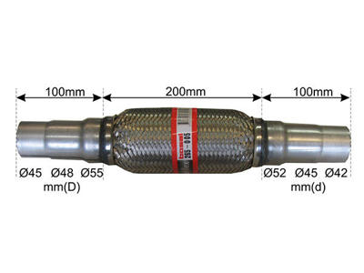 Flexrör, avgassystem, Diameter från [mm]: 42, Diameter till [mm]: 55, Längd [mm]: 200, Längd över allt [mm]: 400, med anslutningsrör, Specifikation: Innerbraid