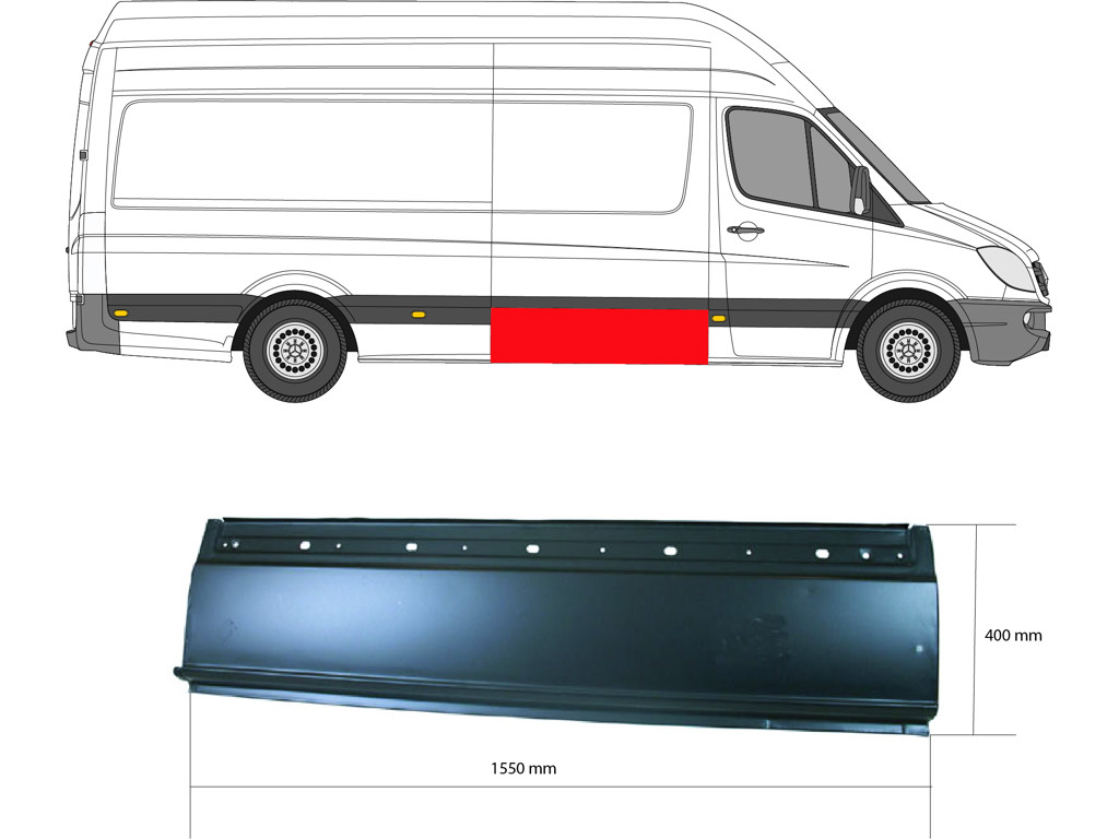 Quarter Panel, Right Front, Height [cm]: 40, Length [cm]: 155, for left-hand traffic, Side Panel, Repair Panel, Lower Section, Axle Distance [mm]: 3665, Axle Distance [mm]: 4325