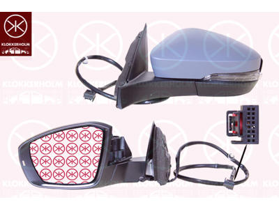 Exterior Mirror, Left, Electronically foldable, Complete Mirror, Number of pins: 9, w/primer, with indicator (LED), with reading light, Heatable, Aspherical