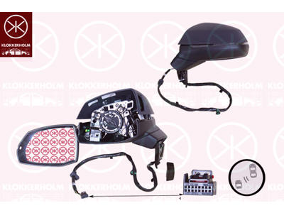 Exterior Mirror, Left, Heatable blind spot mirror, for electric mirror adjustment, Number of pins: 8, with indicator, w/primer, Aspherical, Complete Mirror