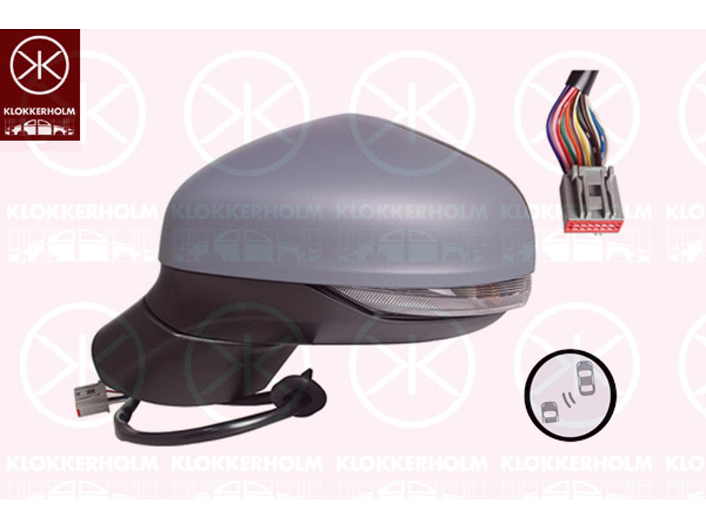 Exterior Mirror, Right, for electric mirror adjustment, Electronically foldable, Heatable blind spot mirror, Number of pins: 12, with indicator, w/primer, Convex