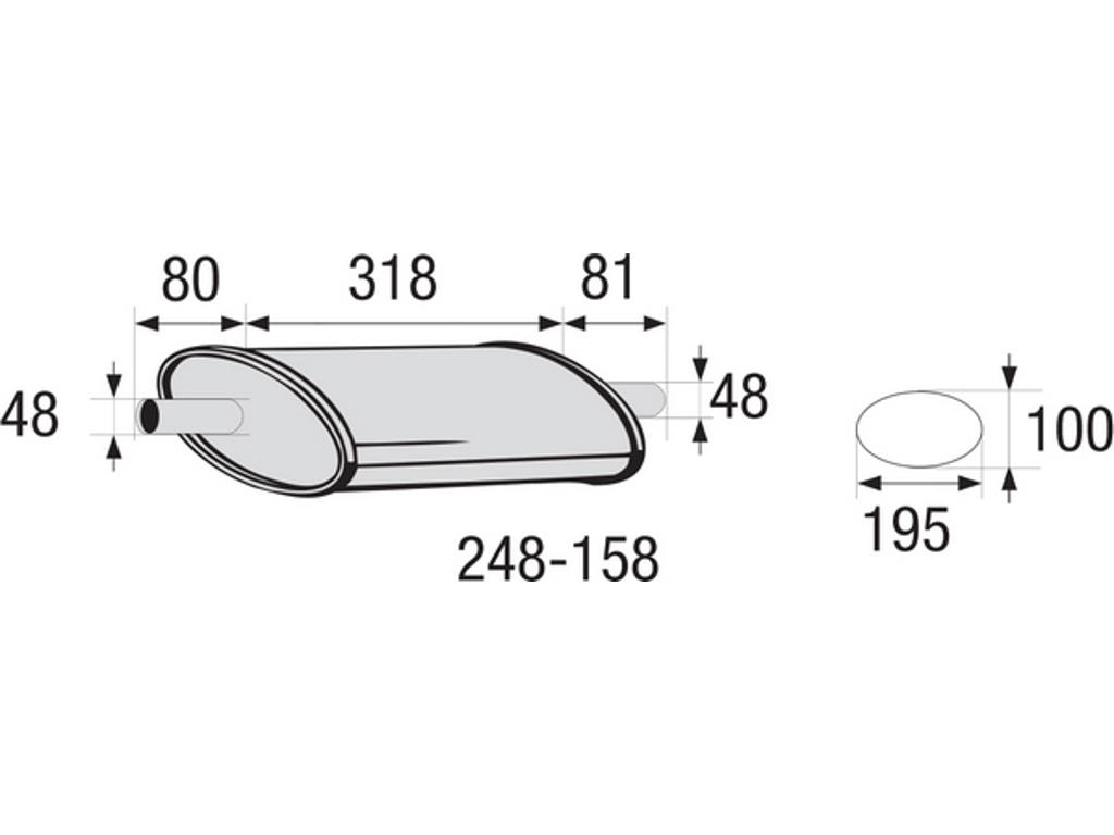 Centre Muffler, universal, Inner Diameter 1 [mm]: 48, Inner Diameter 2 [mm]: 48, Length [mm]: 318, Width [mm]: 195, Height [mm]: 100, not ECE approved