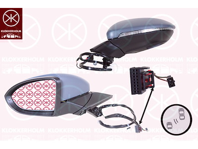 Välipeegel, vasakul, soojendatav pime-nurk-peegel, elektriliselt lahtiklapitav, Pistikkontaktide arv: 9, Pistikkontaktide arv: 2, krundeeritud, suunatulega (LED), koos lugemisvalgusega, asfääriline, soojendatav, Komplektne peegel