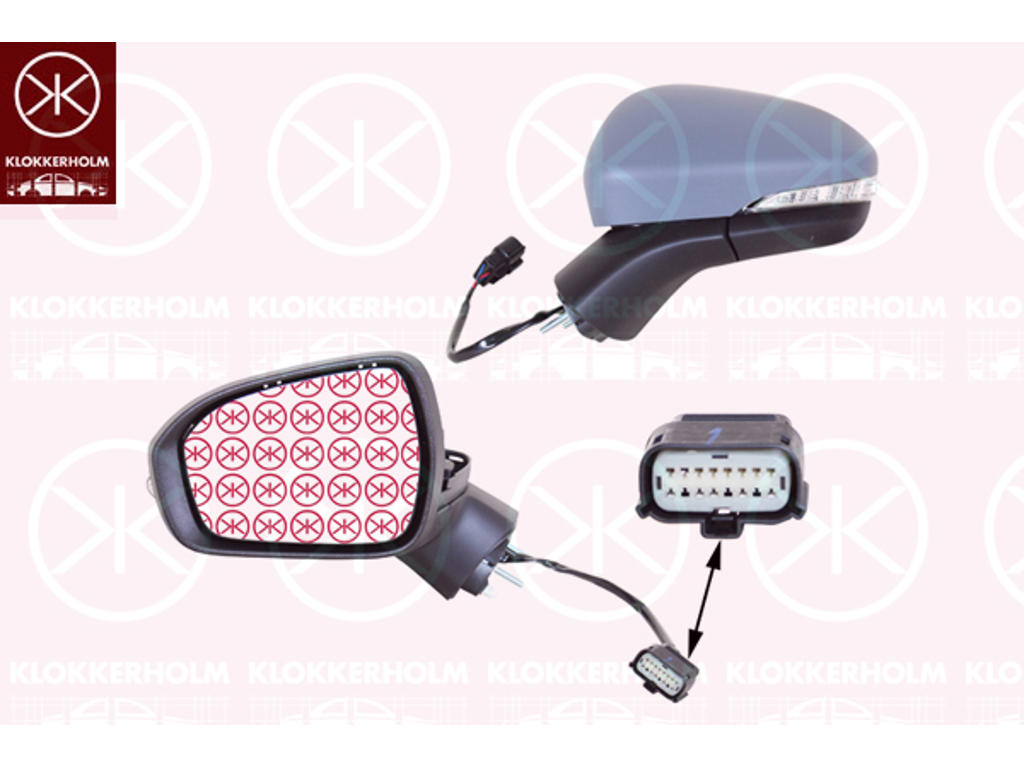 Exterior Mirror, Left, for electric mirror adjustment, Number of pins: 6, with indicator, Heatable, Aspherical, w/primer