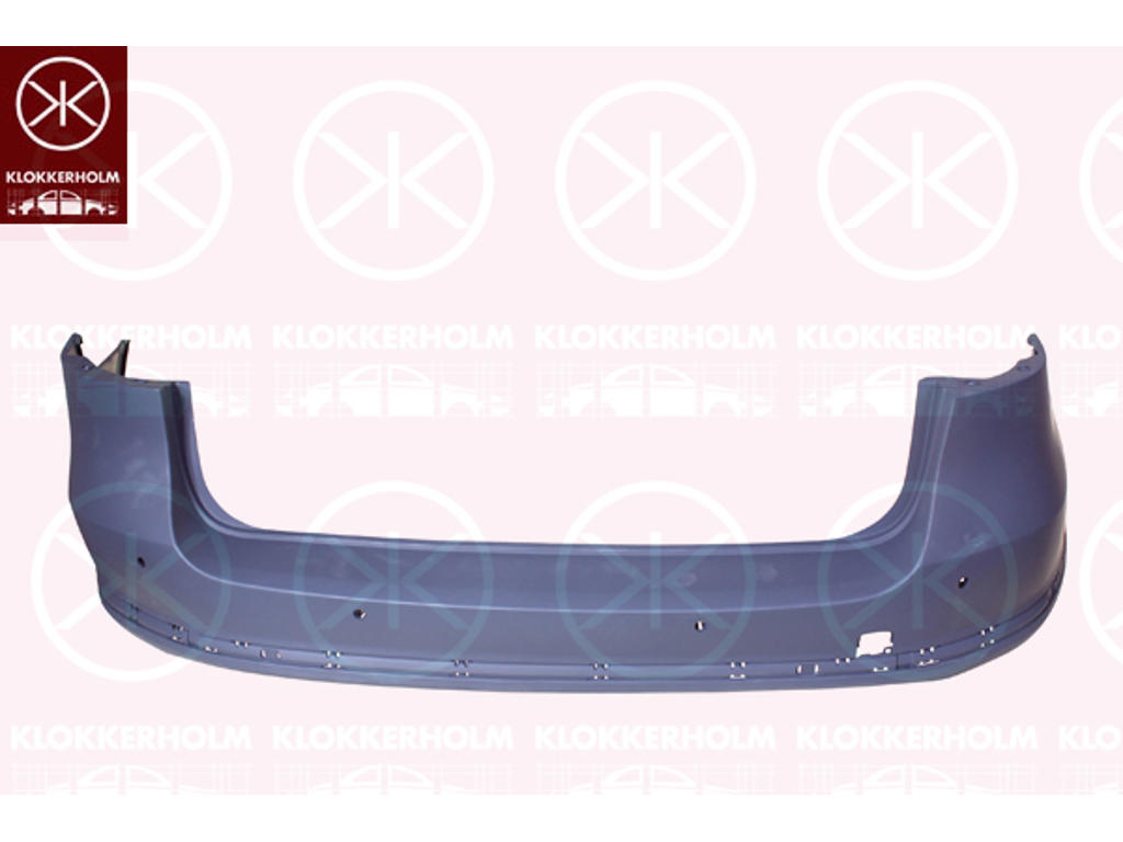Bumper, with holes/bracket for narrow trim strips, Number of bores: 6, Rear, w/primer, with hole(s) for park distance control, not for trim level: R-LINE