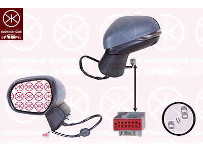 Utv.spegel, Vänster, för el. spegelinställning, med blinkljus, primerbehandlad, Döda-vinkelnspegel uppvärmd, Antal stickkontakter: 12, med positionsljus, uppvärmbar, konvex