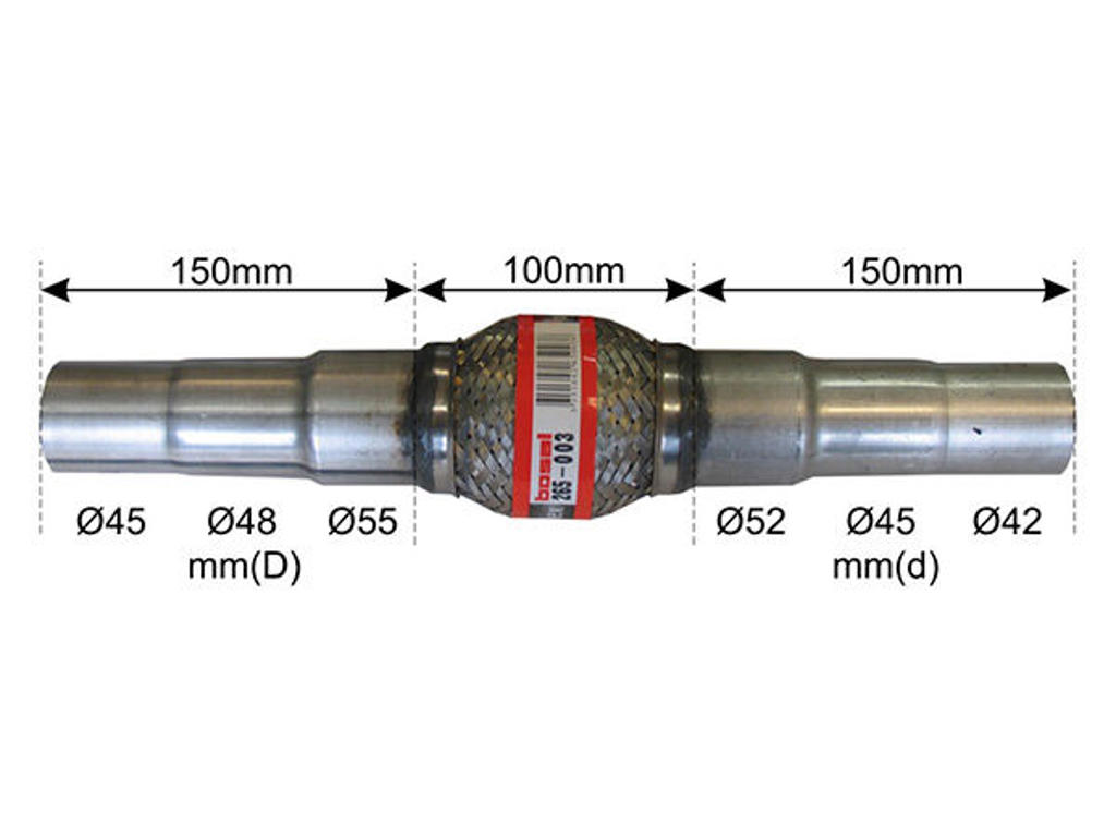Flexrör, avgassystem, Diameter från [mm]: 42, Diameter till [mm]: 55, Längd [mm]: 100, Längd över allt [mm]: 400, med anslutningsrör, Specifikation: Innerbraid