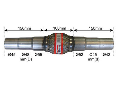 Flexrör, avgassystem, Diameter från [mm]: 42, Diameter till [mm]: 55, Längd [mm]: 100, Längd över allt [mm]: 400, med anslutningsrör, Specifikation: Innerbraid