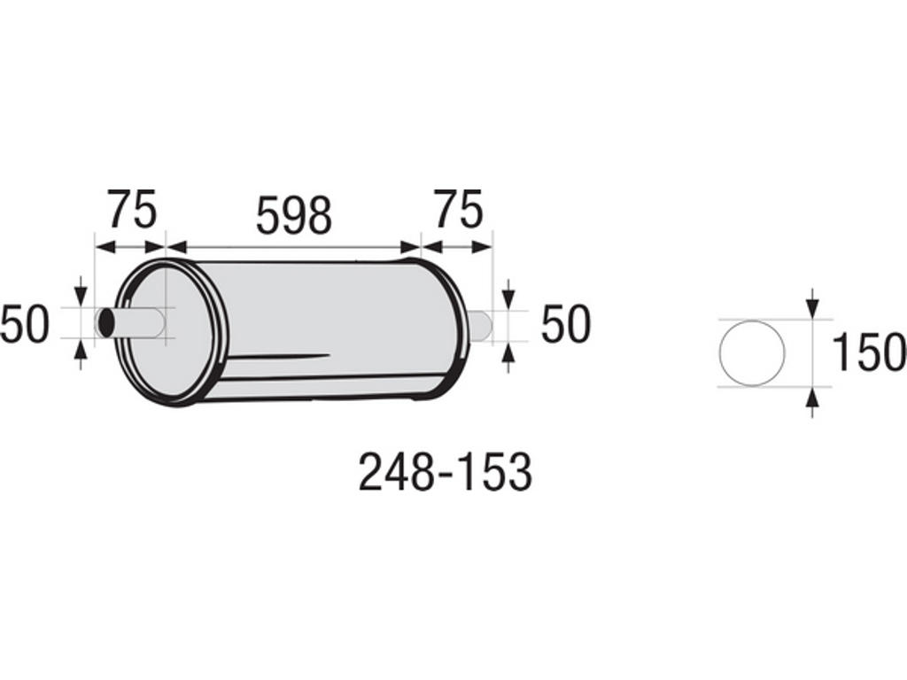 Centre Muffler, universal, Diameter [mm]: 150, Inner Diameter 1 [mm]: 50, Inner Diameter 2 [mm]: 50, Length [mm]: 598, Width [mm]: 150, Height [mm]: 150, not ECE approved